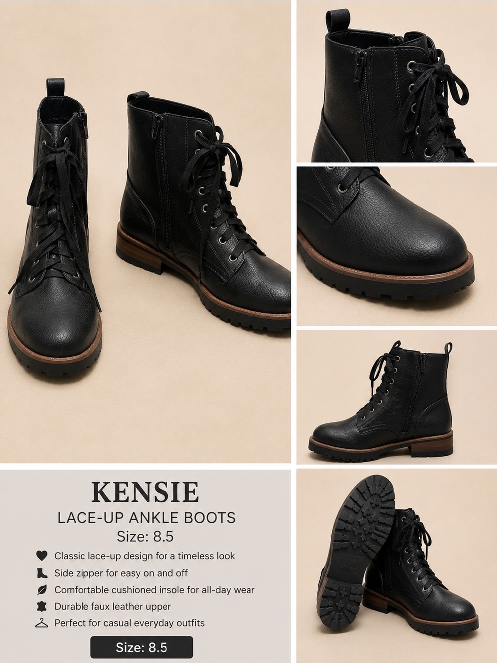 Kensie Black Lace-Up Combat Boots with Wood-Tone Welt